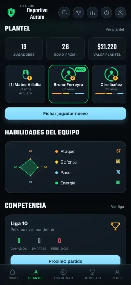 Pantalla de plantel de Tactical Soccer con las habilidades del equipo en un gráfico de radar
