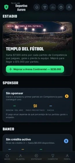 Estadio propio mejorado en Tactical Soccer, con foto real del nivel alcanzado