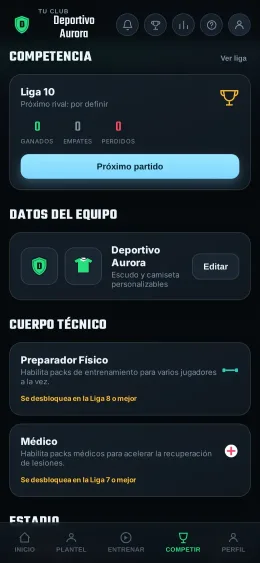 Pantalla de competencia de Tactical Soccer con la liga, el cuerpo técnico y los datos del equipo