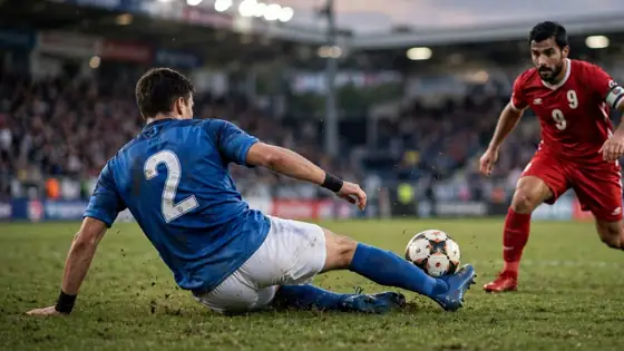 Defensor de Tactical Soccer en el piso disputando la pelota con un rival